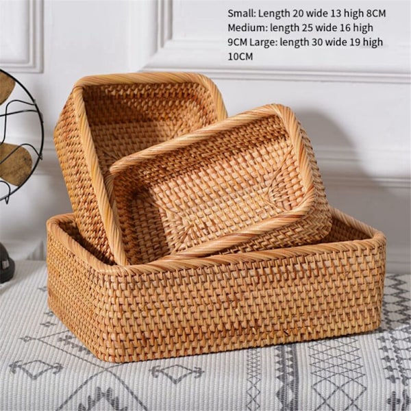 Handvävd Rattan Korg, Frukt Te, Snacks, Bröd, Rektangulär Kosmetisk Förvaringslåda, Hushållsartiklar M
