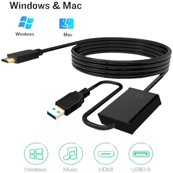 USB 3.0 till HDMI-kompatibel kabel, USB till HDMI-kompatibel hane laddningskabel splitteradapter för bärbar dator