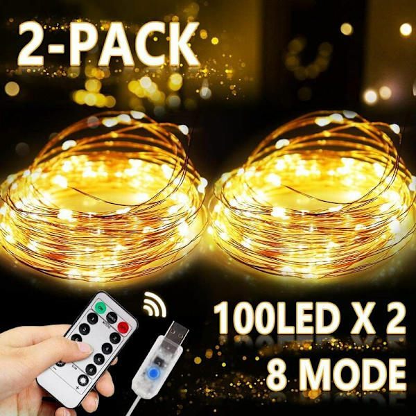 LED-ljusslingor Varmvita LED-ljusslingor 2 st 10M 100LED USB Vattentäta Koppartrådsljusslingor med Strömbrytare för Inomhus Utomhus Rum Jul