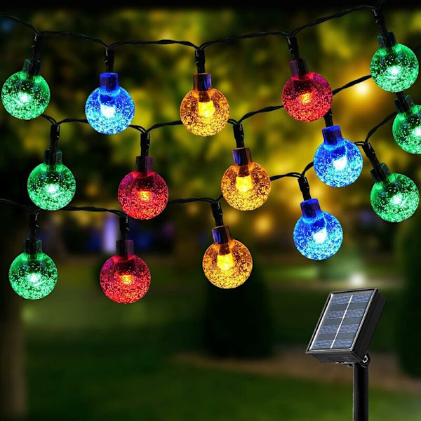 Solcellelyskæde, 100 LED 12M Krystalfarvede Kuglelys, 8 Tilstande Vandtætte Solcellelamper, Til Udendørs Dekoration, Haver, Terrasser, Bryllupper, Pa