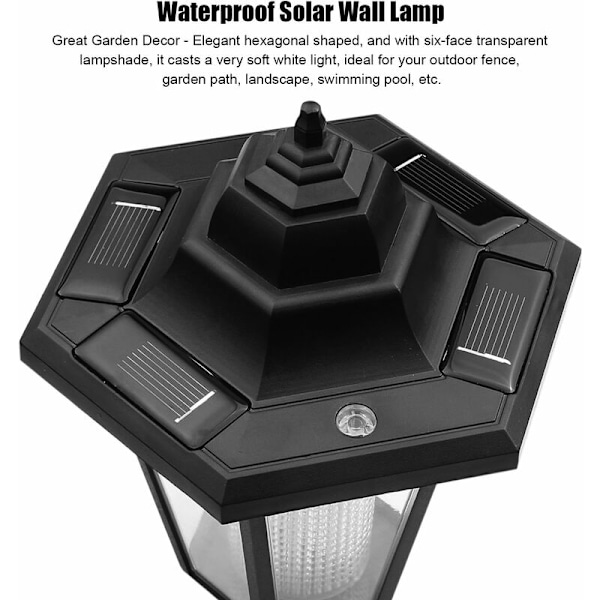 Solcellsdriven LED-vägglampa för utomhus, väggmonterad säkerhetslampa, trädgård, staket, gård, hexagonformad lampa (kallvit)