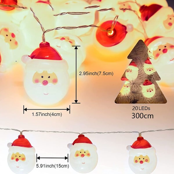 Julgransslinga med Santa Claus-huvudljus, batteridriven, för inomhus- och utomhusdekoration, fest, trädgård