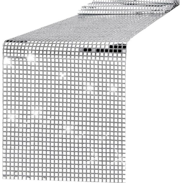 Discofestbord med silverfolie spegel, metallisk glitter bordsduk för disco dansfest, bröllop
