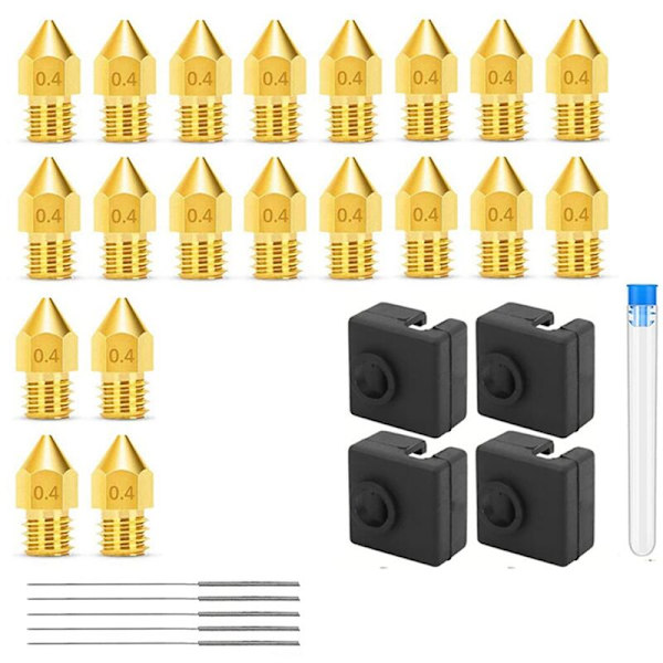 3D-printerdyser 0,4 mm MK8 3 dyser 20 stk. med 4 silikoneovertræk til opvarmning, til 3 V2 med 5 nåle