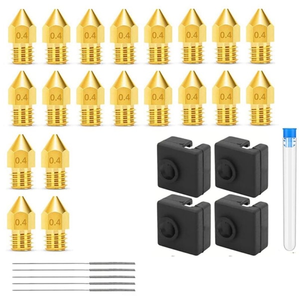 3D-skrivarmunstycken 0,4 mm MK8 3 munstycken 20 st med 4 silikonskydd för uppvärmning, för 3 V2 med 5 nålar