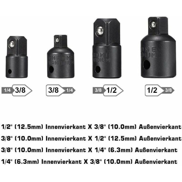 Adapter til stikdåse 1/2 3/8 1/4 Hex Bor Adapter Sæt Nøgle Reducer Adapter til stikdåse Konverter Skraldenøgler Bits (Sort)