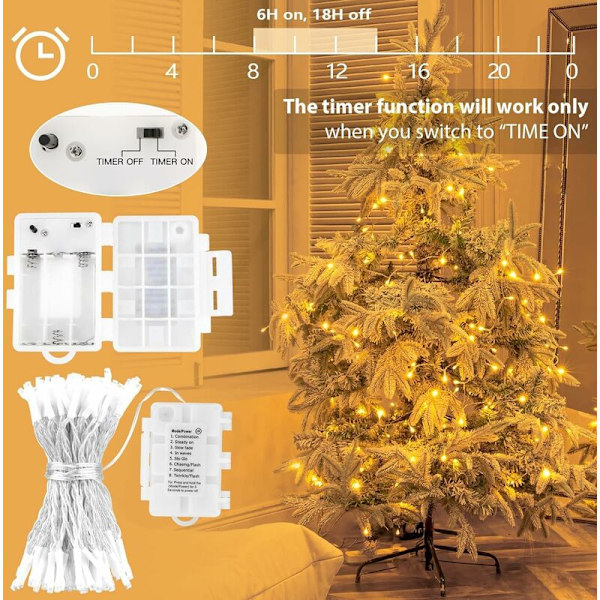 100 LED-ljusslinga med varmvit timer (8 lägen, 11 m, IP65 vattentät) Utomhusbelysning THD02, 1-pack-