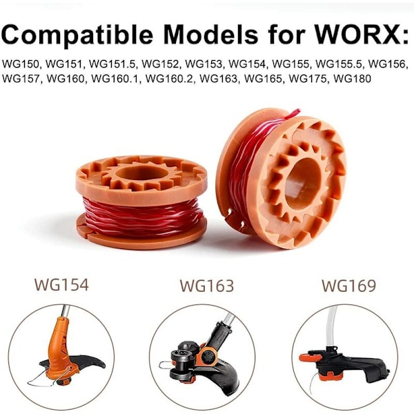 Set med 6 stycken trimmertråd WA0004.1 för alla WORX 20 V-trimmare (6 x 3 m lång, tråddiameter 1,65 mm) + 2 lock