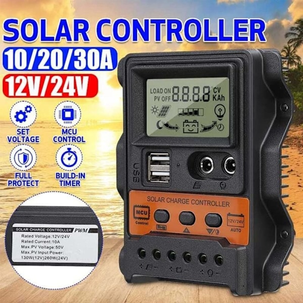 30A Solcellelader 12V24V Solpanel Batterilader Auto Regulator 2 USB LCD Display Lade Utlader
