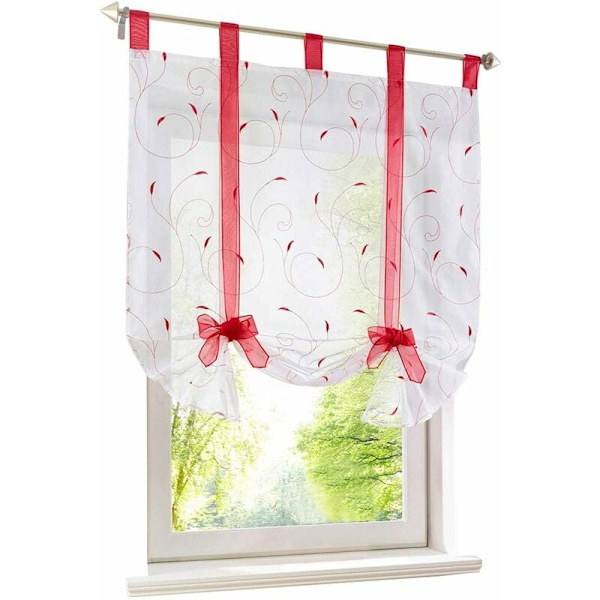 Romersk gardin med broderiband Romerska gardiner Transparent öglegardin i voile (BxH 120x140cm, röd)