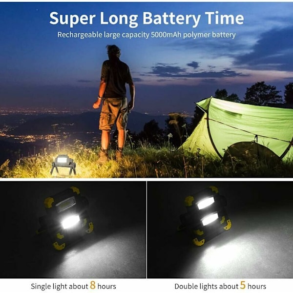 LED Genopladeligt Arbejdslys - 2 COB 2000 Lumen Overflade- & Spotbelysning 360° Rotation USB Ledningsfri Foldbar Lampe Batteri Sikkerhedslys