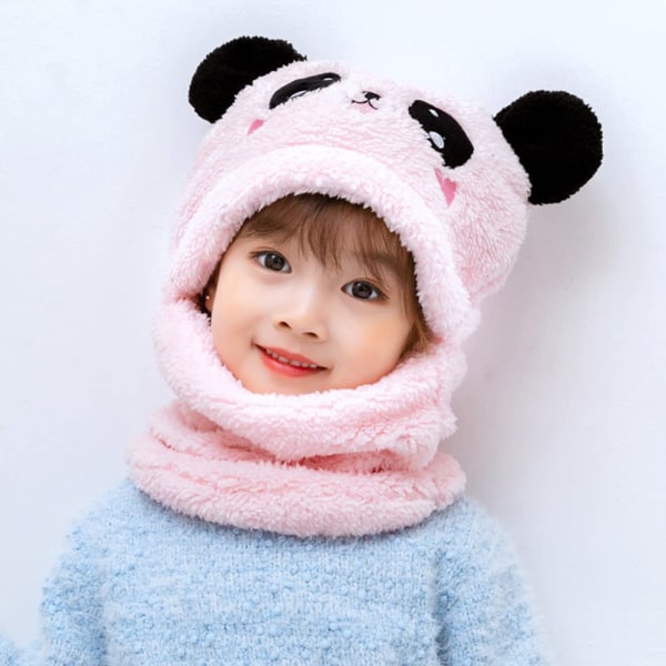 Lasten talvinen lämmin hattu ja huivi 2 in 1, söpö eläin, tuplapehmoinen lämmin hattu korvilla Lasten pehmeä pipo (vaaleanpunainen)