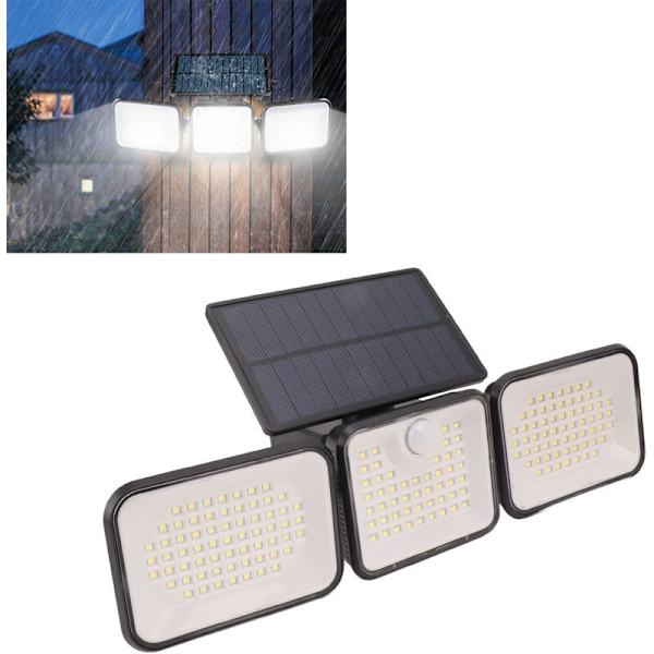 180 LED Solcellelys Utendørs, 6000-7000K, Super Lyssterk, med 3 Justerbare Hoder, IP65, med Bevegelsessensor