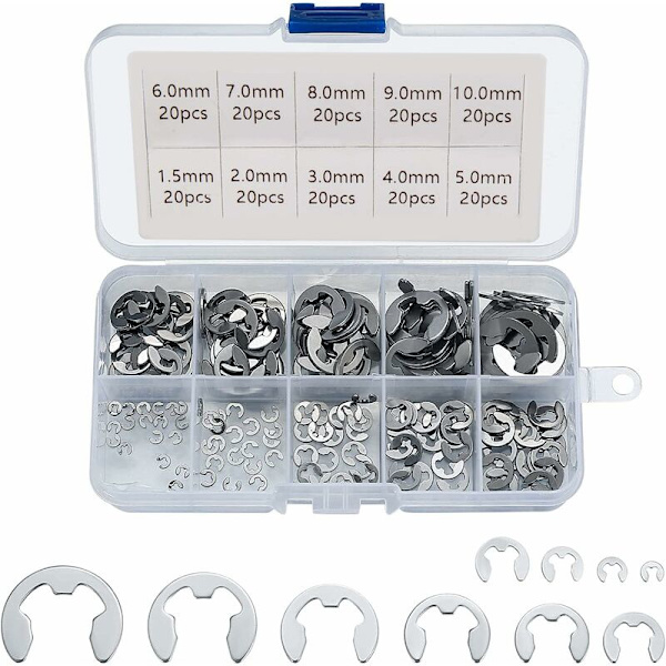 E-klämma ring 304 rostfritt stål externa circlips circlip sortiment 1,5/2/3/4/5/6/7/8/9/10 mm olika användningsområden 200 st