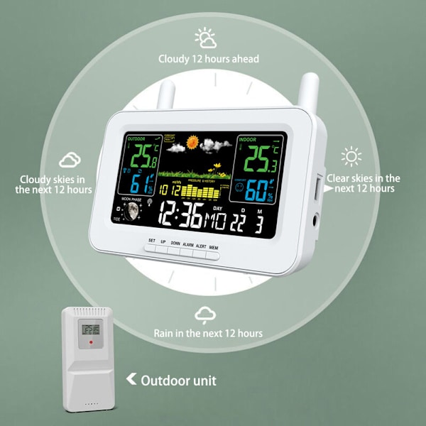 Trådløs værstasjon Wifi Innendørs og Utendørs APP Kontroll Termometer og Hygrometer Væroppdatering Vekkerklokke Snooze Månefase Atmosfærisk P