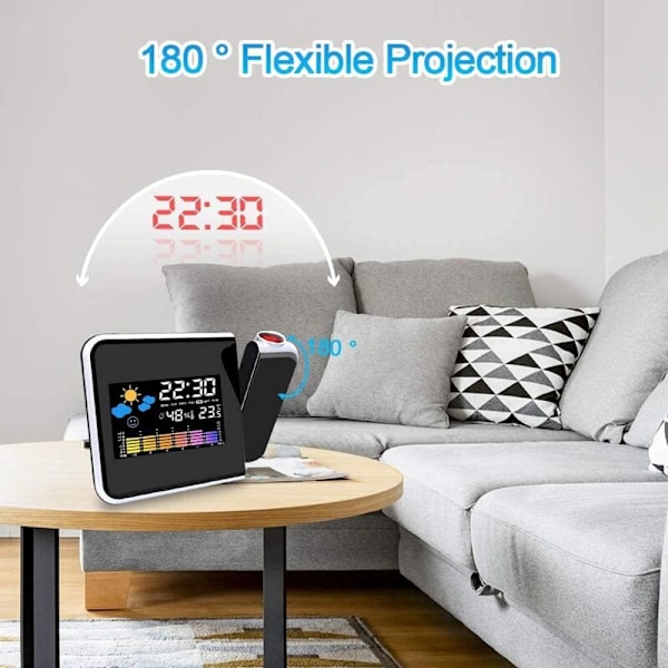 Projektions LED Digital Vækkeur med LCD Tid Temperatur Dato USB Opladning Soveværelse Kontor Køkken Sort MNS