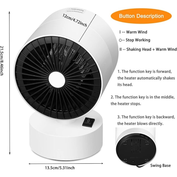 Mini Keramisk Varmeovn, ADURI Viftevarmer med Automatisk Ristende Hode, 600W Lavt Forbruk Bærbar Skrivebordsvarmer for Kontor, Soverom, Stue, Veltebeskyttelse