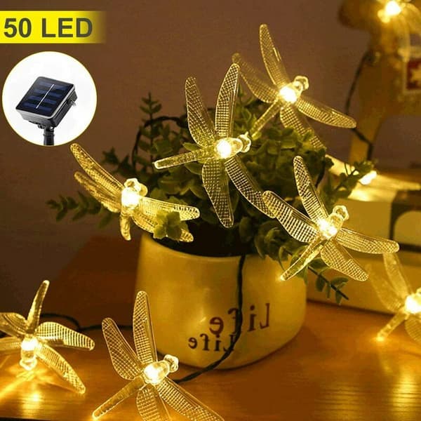 Solcellelys 50 LED Dragonfly Guinguette Utendørs Varm Hvit Flash Dragonfly Solcellelampe Dekorasjon med 8 Lysmoduser Vanntett Belysning for Hage,