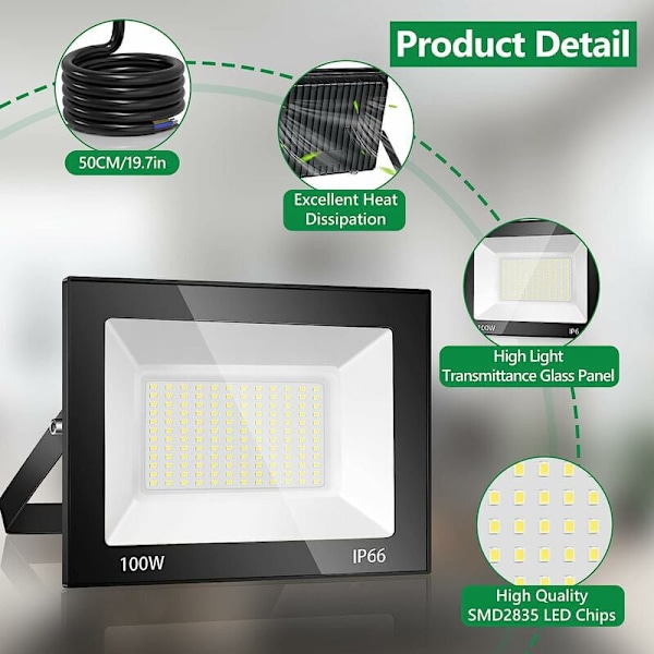100W LED-belysning för utomhus, 10000LM 7000K Utomhus LED-spotlight, 144 Chips IP67 Vattentät Kalla Vit LED-säkerhetsbelysning, Utomhusbelysningsarmatur