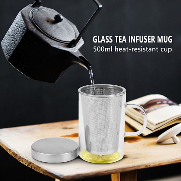 500 ml Resväska Värmebeständig Glas Teinfuser Mugg med Rostfritt Stål Lock Kaffe Mugg Tumbler Kök Värmebeständig Stor
