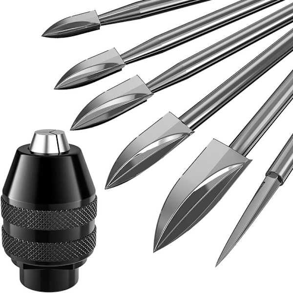 7 st träskärningsborr, 1/8 tum skaft HSS gravyrborrverktyg träslöjdsliptillbehör med chuck 4486