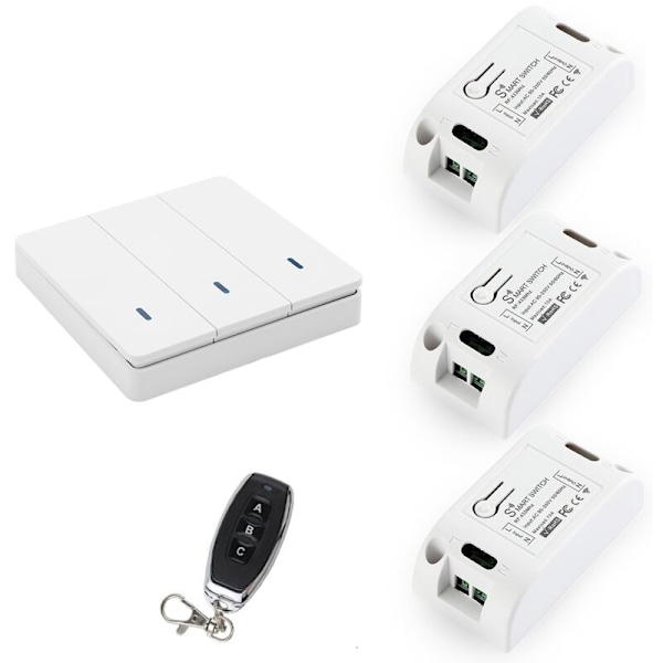 433MHz RF Smart Lyskontakt Lysstyring Smart Kontakt AC 90-250V 10A Modul (1W & 3C & 1 Fjernbetjening)