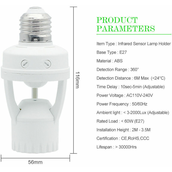 Lampfot med 360° PIR rörelsesensor E27 Lamphållare med rörelsesensor säkerhetsdetektering E27 Rörelsesensor