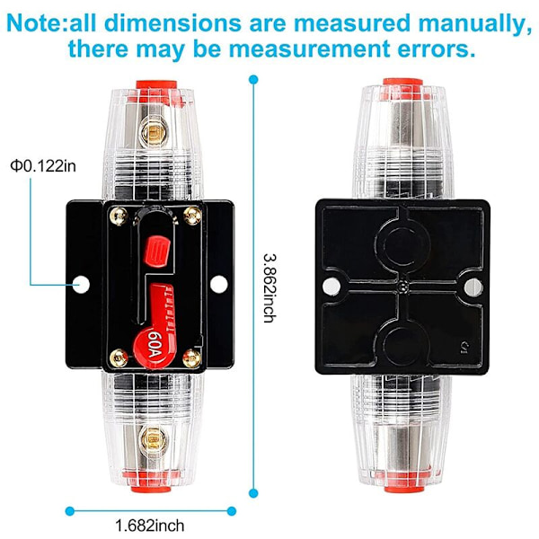 DC 12V-24V sikringsholder, lydkretsbryter, bilstereo sikringsholder, manuell tilbakestilling 60A