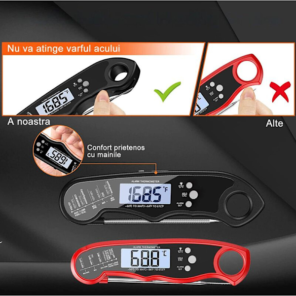 Professionell Mattermometer, 1 Sekunds Avläsning, 2 Rostfria Sondar, 1 Grads Noggrannhet, Alarm, Magnetisk, Timerfunktion, Svart