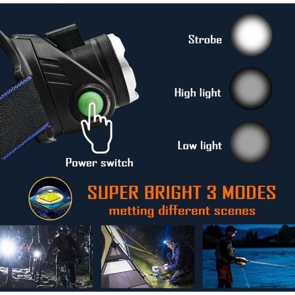 Hodelykt, oppladbar LED-lommelykt, 10000LM hodelykt med 3 lysmoduser med USB-kabel 2 18650 batterier med indikatorlys for camping/fiske/C