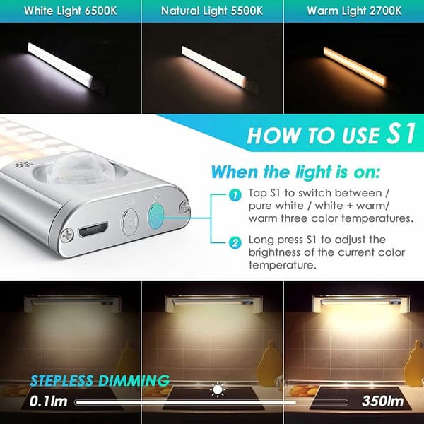 LED-skaplys, 120 LED-sensorlys, oppladbart dimbart sensorlys med bevegelsessensor, for skap