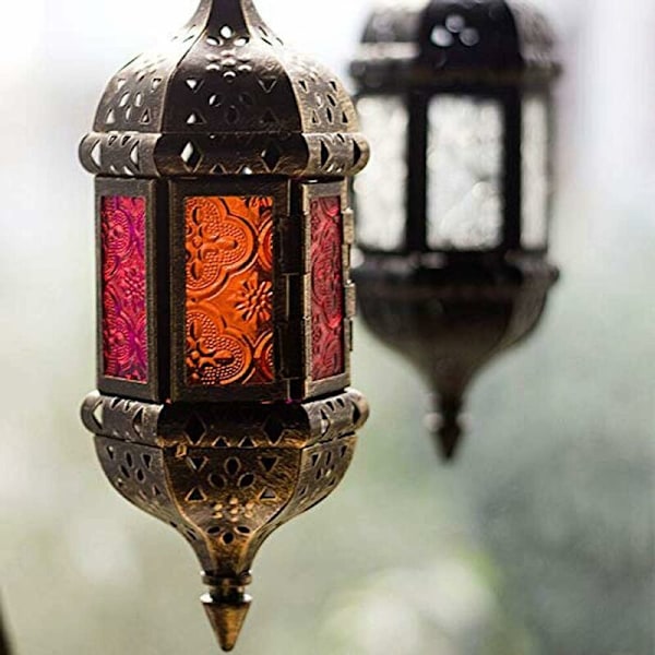 Marokkolaisen tyylinen riippuva kynttilälyhty, 2 kpl, metalli ja lasi, ruskea, Ramadan-lamppu, koristeelliset kynttilälyhdyt olohuoneeseen, parvekkeelle ja terassille