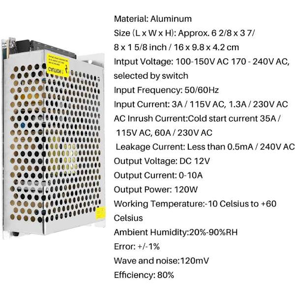 DC 12V 10A 120W Växelströmsförsörjning Reglerad Transformator / Aluminium Transformator med Säkerhetsskydd med Överbelastning, Överspänningsskydd