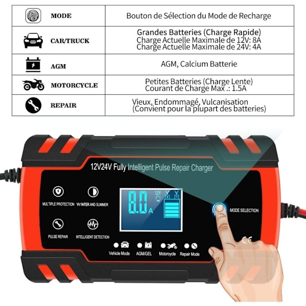 8A 12V/24V smart bil- og motorsykkelbatterilader, batterilader for bil, 3-trinns batterilader og automatisk reparasjonsfunksjon.