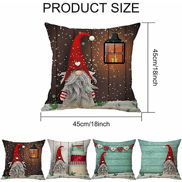 GNOME Juleputetrekk 45x45cm Sett med 4 Juledekorasjoner Putetrekk Juledekorasjon for Innendørs, Sofa, Soverom, Vinterferiegave