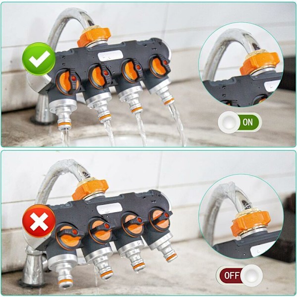 4-vejs Vandingsfordeler - 3/4\" og 1/2\" Vandfordeler med Hanekran til Samtidig Tilslutning af to Enheder, Justerbar Vandstrøm, Adapter