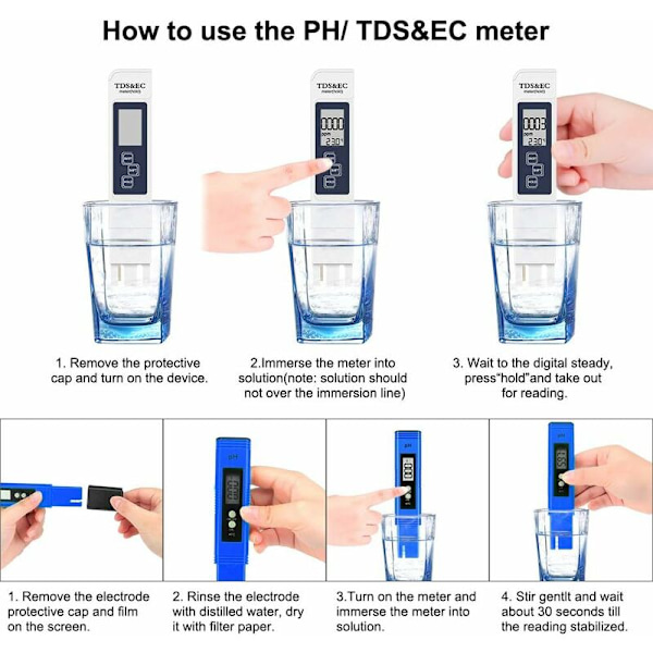Ph-meter, Eletorot PH-tester til svømmepøler 4 i 1 PH-meter Elektronisk TDS-vandkvalitetsmåler og ph-test til drikkevand Akvarier Hydroponik Svømning
