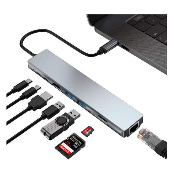 USB C -keskitinsovitin, 8-in-1 Mac -lisävaruste USBC -sovitin 4K HDMI, Ethernet, 2 USB 3.0, SD/TF -kortinluku