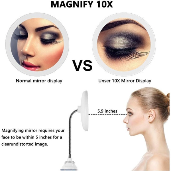 Fleksibelt forstørrelsesspeil med LED-lys 10X forstørrelse Kraftig sugekopp Lighted Vanity Mirror Makeup Makeup Mirror--
