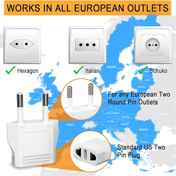 20 kpl EU-pistoke-adapteri, US:sta EU:hun, Matkustus EU Type C, EU-virtamuuntaja