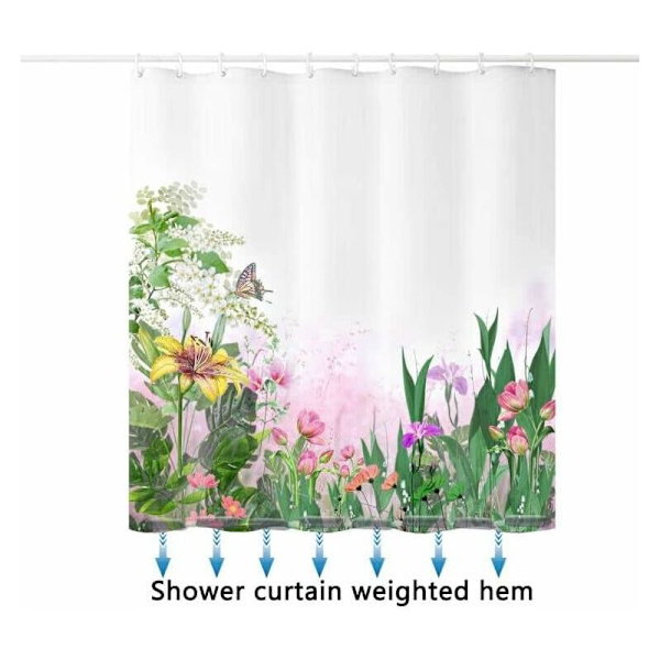 Duschdraperi, Gröna Blad Duschdraperi, Blommigt Duschdraperi - 72 Bred x 72 Lång, med 12 Krokar, Viktad Kant, Duschdraperier för Badrum