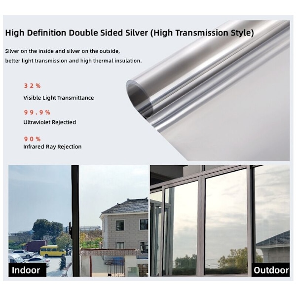 2 kpl 60x100 cm Yksipuolinen Ikkunakalvo Tietosuojaan, Premium PET-Materiaali, Päiväaikainen Lämpöheijastus UV-Suoja, Itseliimautuva Olohuoneen, Kodin ja Toimiston Käyttöön