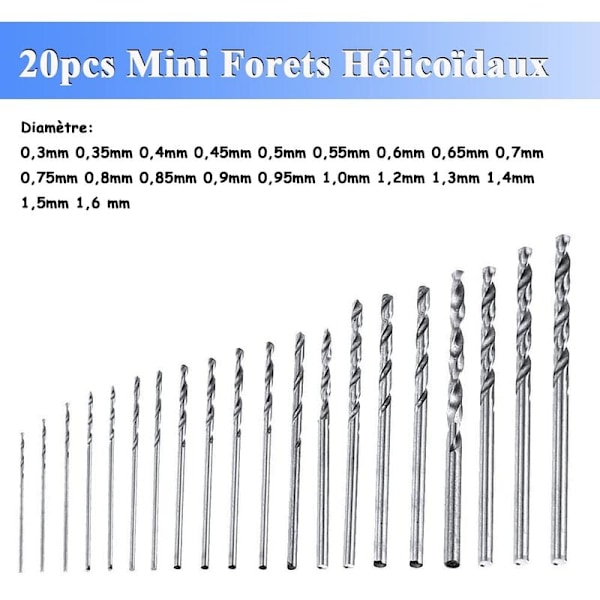 20 stk. HSS Mini Twist Drill Bits Kit, Precision Mini Drill Bit Set, 0,3 mm-1,6 mm HSS Twist Drill Bits, Twist Drill Bits med æske til træmodelfremstilling