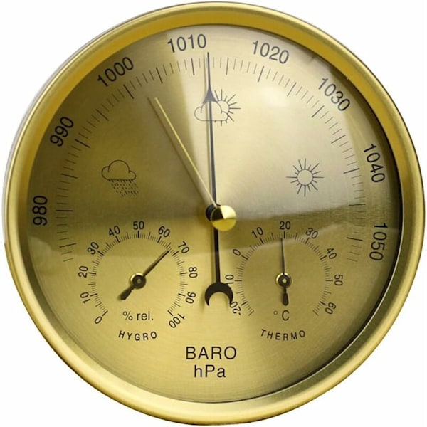3 i 1 Presisjonsaneroidbarometer - Værsentral, Hygrometer Termometer for innendørs og utendørs bruk med rustfritt stålstruktur (gull) - RWPo