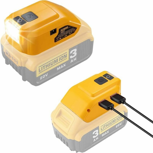 Batteriadapter for Dewalt 14.4V/18V/20V Lithium-Ion batteri, DC-kontakt og LED-arbeidslys og dobbel USB-lader, strømforsyning, kompatibel med D