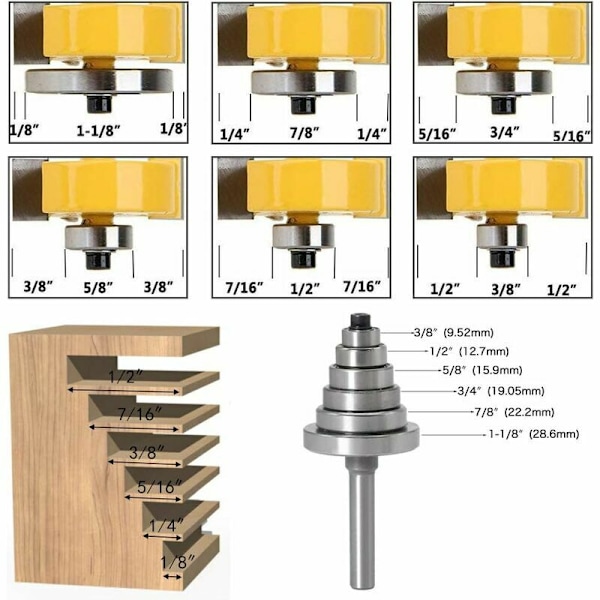 1/4\" Skaftfrässet för spårfräsning i trä med 6 lager, utbytbara lager 1/8\", 1/4\", 5/16\", 3/8\", 7/16\" , 1/2\"