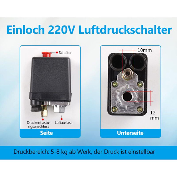 Trycksensor för luftkompressor, 72.5175psi, G1/4\", enkelhåls 220V för luftkompressorpumpstyrventil, tryckmätare