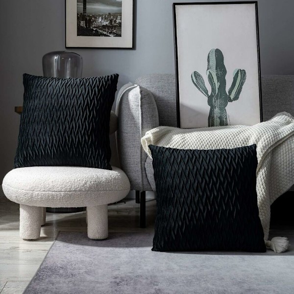 Fløjlsbetræk til puder 45x45cm til stue sofa - Sæt med 2 ensfarvede firkantede pudebetræk til soveværelsesdekoration, Sort