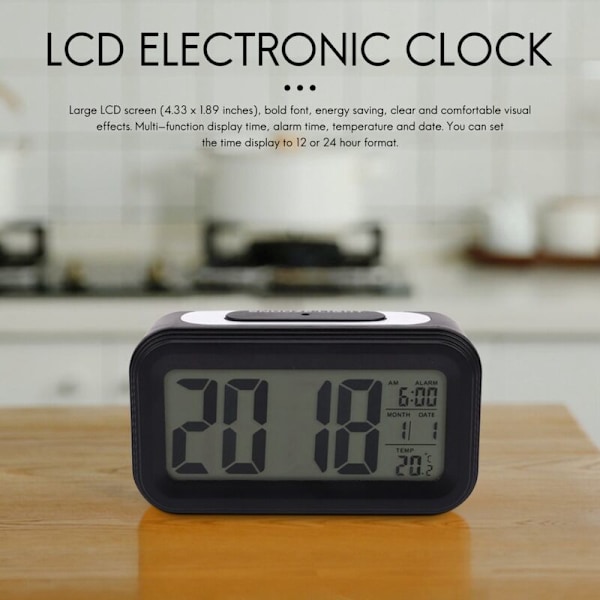 [Uppgraderad version] Batteridriven väckarklocka, stor LCD-display Elektroniska digitala väckarklockor med snooze, bakgrundsbelysning, nattlampa, temperatur (