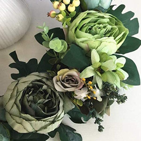 Pionkrans Sommarkrans 13 Tum Konstgjord Ros Blomkvist Silke Lvy Väggdekoration för Entrédörr med Gröna Blad